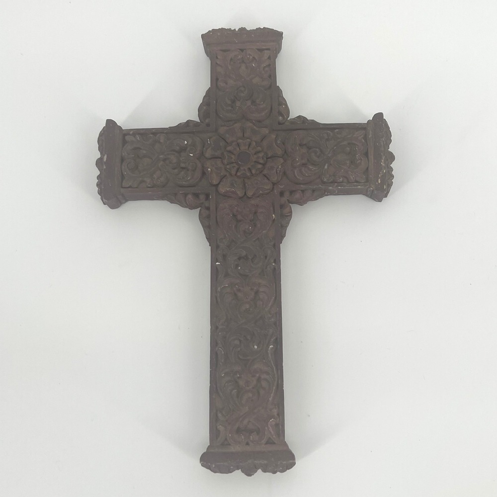 Heavy Wall Cross Resin Carved Wood Style Brown 13 Inch‎ Religious Ornate Decor